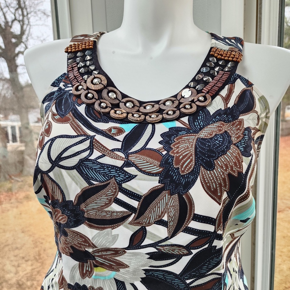 Wood Beads Studded Halter Sleeves Brown Floral Print Knee Length Sheath Dress - Picture 5 of 12